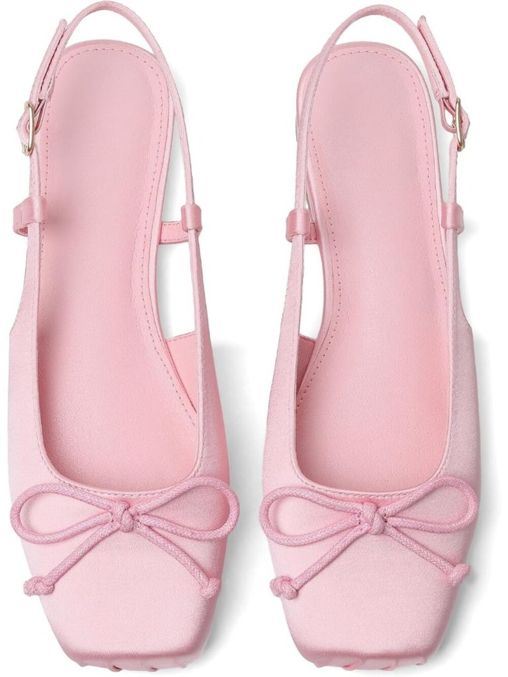 Women's Pink Satin Slingbacks Ballet Flats Square Toe Bow Ankle Buckles Shoes - Picture 1 of 6